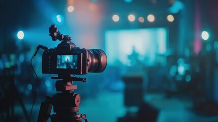 Leinwandbilder - Interview being recorded on camera in a modern television studio with blurred scenery, highlighting advancements in media production. Generative AI