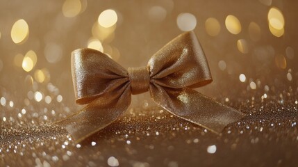 Aufkleber - The golden ribbon elegantly tied in a bow rests on a sparkling surface, enhancing the festive atmosphere for New Year celebrations and events. Generative AI