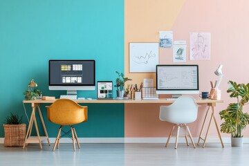 Leinwandbilder - Two distinct workspace designs feature a minimalist setup with color-blocked walls, artistic displays, and ample space for text. Generative AI