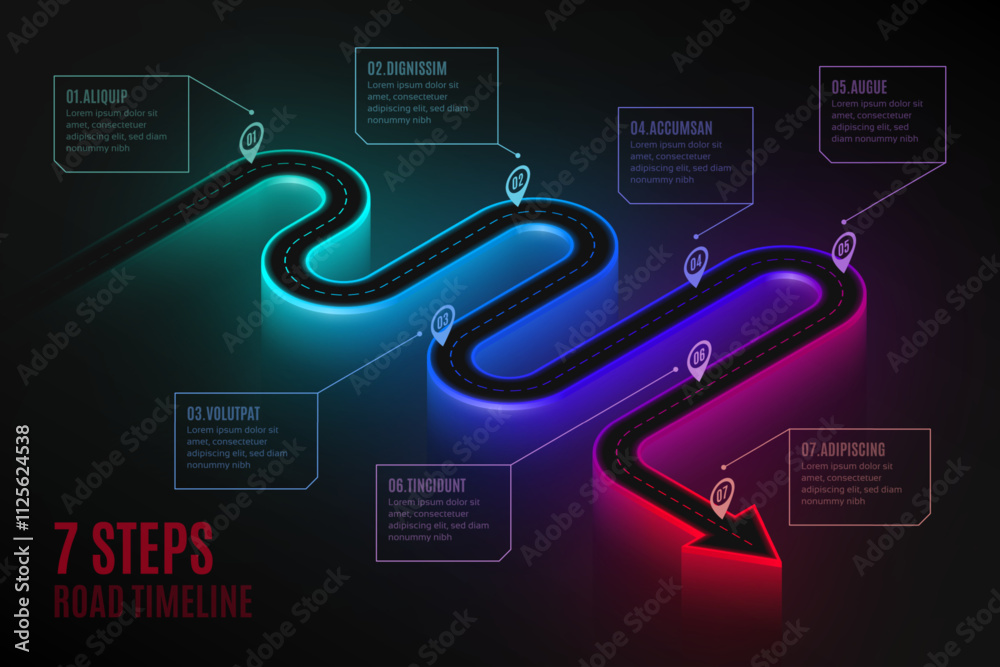 Isometric navigation map infographic 7 steps timeline concept. Stock ...