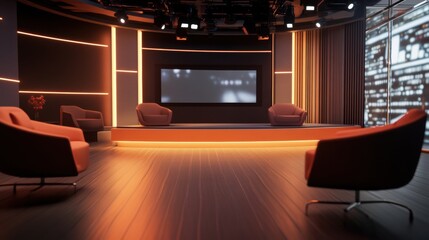 Leinwandbilder - Recording takes place in a contemporary television studio featuring a sleek design, vibrant lighting, and empty seating arrangements for guests. Generative AI