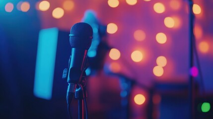 Leinwandbilder - A person conducts an engaging interview in a modern television studio, highlighting equipment and techniques for media production. Generative AI