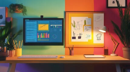 Poster - Dual workspace featuring a modern minimalist setup on one side and an artistic display on the other, showcasing creativity and inspiration. Generative AI