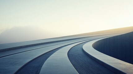 Aufkleber - A curved running track leads into the distant horizon under soft, natural light, offering a tranquil atmosphere and space for text. Generative AI