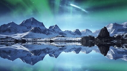 Wall Mural - Antarctica Aurora Green and Mountains Reflected on Water Surface Loop Generative AI