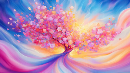 Poster - A vibrant tree blooms with colorful petals in a surreal, warm, and emotional landscape