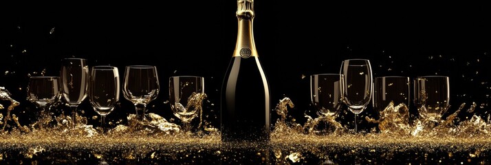 Aufkleber - Pop the bubbly as the festive champagne bottle bursts open, surrounded by sparkling glasses for a joyous celebration moment. Generative AI