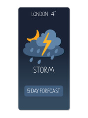 Wall Mural - Stormy weather forecast for London indicating rain and lightning with a chilly temperature