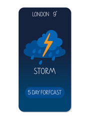 Wall Mural - Stormy weather forecast for London with lightning and rain details
