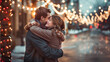 © dianacrimea - Young Couple Embracing by Christmas Lights on the Street. A young couple in love, hugging in the warm glow of Christmas lights strung along a city street