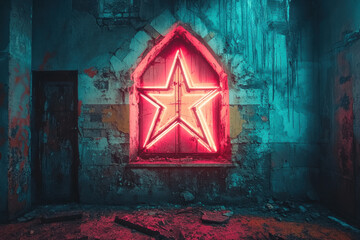 Wall Mural - Stargazing, A vibrant neon star illuminates a decaying interior, blending urban decay with striking color contrasts in an atmospheric setting.