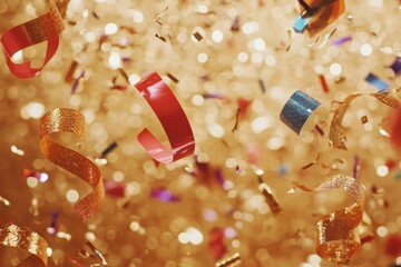 Aufkleber - Vibrant confetti and curling ribbons cascade against a sparkling golden backdrop, embodying a joyous New Year celebration with spacious text area. Generative AI