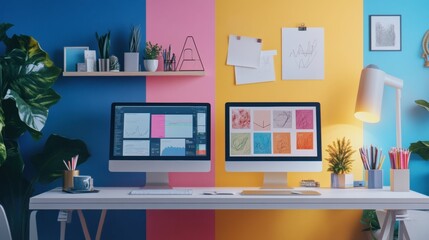 Poster - A vibrant workspace showcases a minimalist aesthetic with dual computer displays and colorful walls. Plants and art add inspiration for creativity. Generative AI