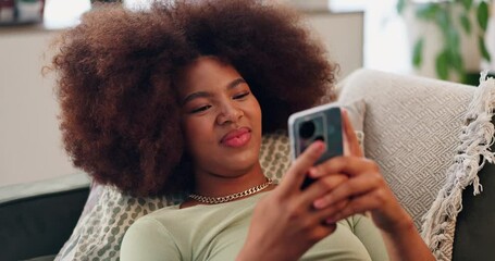Poster - Sofa, woman and smile with mobile for chat, digital communication and message to contact at home. House, female person and happy with smartphone application for social media, text and online dating