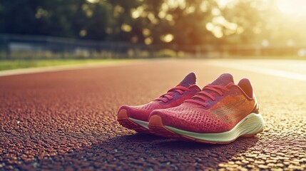 Aufkleber - A pair of bright running shoes rests on a red track, illuminated by the warm glow of the setting sun, awaiting their next run. Generative AI