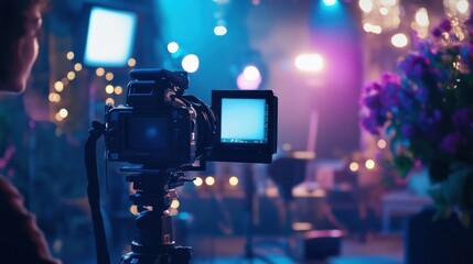 Leinwandbilder - A professional interview is being recorded in a television studio, showcasing media technologies with vibrant lighting and flowers. Generative AI