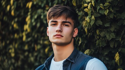 Wall Mural - Young man is standing in front of a bush