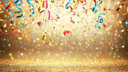 Poster - Colorful confetti and curling ribbons fall gracefully against a shimmering golden backdrop, perfect for festive New Year celebrations and parties. Generative AI