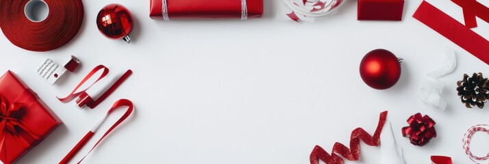 Poster - Brightly colored gift wrapping items, including ribbons, paper, and ornaments, are neatly arranged with space for a personal message. Generative AI