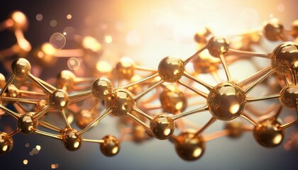 Golden molecular structure, abstract 3D rendering.