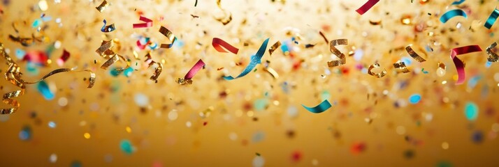 Aufkleber - Falling confetti and curling ribbons fill the air, set against a shimmering golden background, perfect for a vibrant New Year celebration. Generative AI