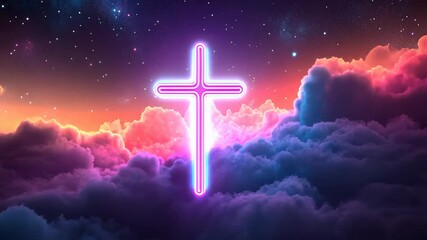 Poster - Neon cross in vibrant sunset sky with colorful clouds, spiritual concept