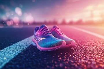 Poster - A pair of colorful running shoes rests on a track, highlighted by soft evening light and surrounded by a serene outdoor environment. Generative AI