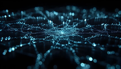 Mystical dew-kissed spiderweb at night, intricate design, bokeh background, abstract nature.