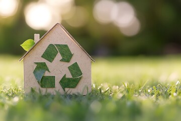 Wall Mural - A miniature house with a recycling symbol, emphasizing eco-friendliness on a grassy background.