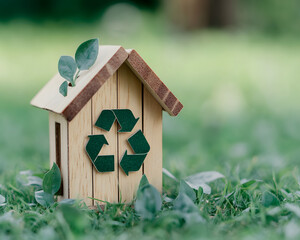 Wall Mural - A miniature wooden house with a recycling symbol, symbolizing eco-friendly living.