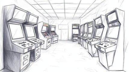 Poster - Retro Arcade Room Sketch Featuring Multiple Vintage Game Machines