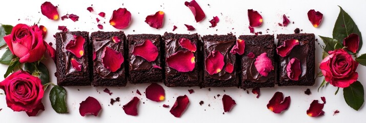 Wall Mural - Chocolate brownies decorated with rose petals and roses