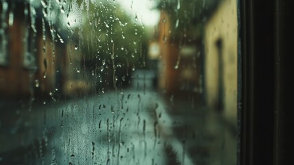 Aufkleber - Clear raindrops cling to a windowpane, revealing an empty street with reflections of buildings and a gloomy atmosphere. Generative AI
