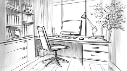 Poster - Sketch Design Of A Modern Home Office Workspace
