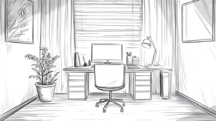 Poster - Sketch Of A Home Office Workspace With Desk And Computer