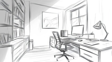 Poster - Sketch of a Modern Home Office Workspace Design