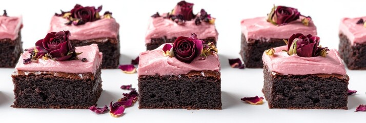 Wall Mural - Rose Decorated Chocolate Brownies Pink Frosting Delicious Treats