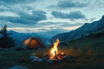 bonfire burning in tourist camp in mountains. beautiful campfire, burning wood by tent in summer eve