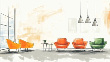 Poster - Modern Living Room Design with Colorful Armchairs and Lamps