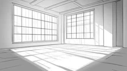 Poster - Architectural Sketch of Room with Large Windows and Sunlight