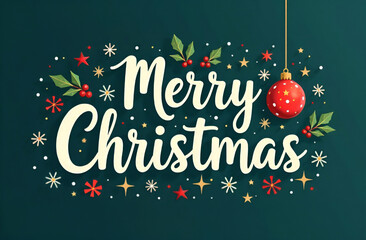 Wall Mural - merry christmas illustration with holly berry tree branches, ornaments and stars on green background
