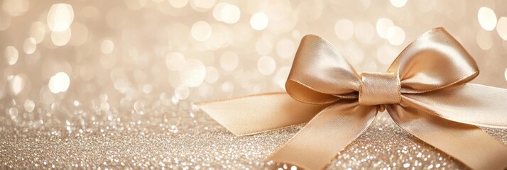 Aufkleber - Golden ribbon elegantly tied in a bow rests on a sparkling surface, creating a perfect setting for festive New Year celebrations and greetings. Generative AI
