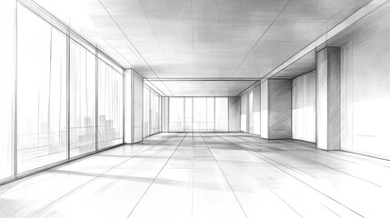 Poster - Architectural Sketch Of Modern Empty Room With City View