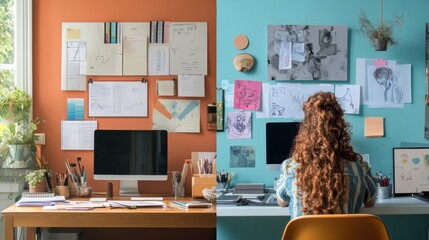 Leinwandbilder - A vibrant workspace contrasts with a creative artistic display, showcasing productivity and inspiration in a dual arrangement. Generative AI