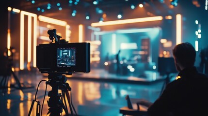 Poster - A professional interview is being recorded in a sleek television studio featuring advanced media technologies and a dynamic background. Generative AI