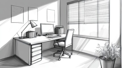 Poster - Modern Office Workspace Sketch Design With Window