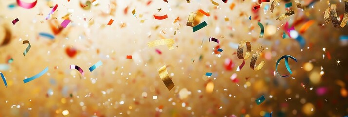 Aufkleber - Colorful confetti and ribbons cascade over a golden backdrop, embodying the excitement of New Year celebrations and joyful messages. Generative AI