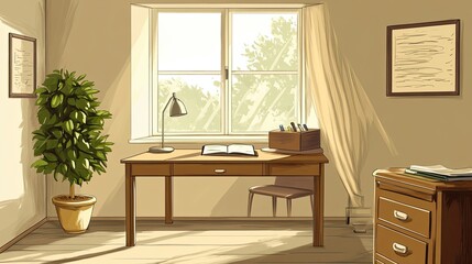 Poster - Sunlit Study Room With Desk Plant And Window