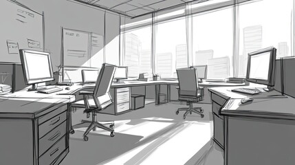 Poster - Modern Office Workspace Design Sketch Showing Multiple Desktops