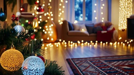 Wall Mural - Festive living room transformation with sparkling christmas ornaments and twinkling lights